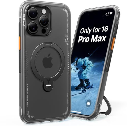 TORRAS Ostand Q3 Air für iPhone 15 Pro Max Hülle, Schwarz | mit echtem Airbags Doppelter Schutz (360° Magnetischer Robust Ständer) Matt Handyhülle mit Kamerasteuerung Taste