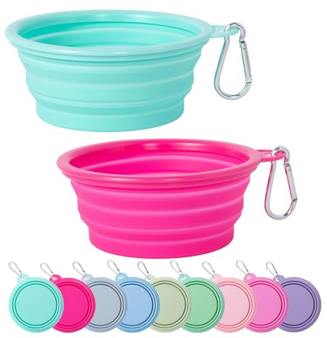 SLSON Cuenco plegable para perros, paquete de 2 unidades, color macarrón, plegable, de viaje, comedero portátil de silicona para mascotas, plato de agua para perros, gatos, camping, senderismo