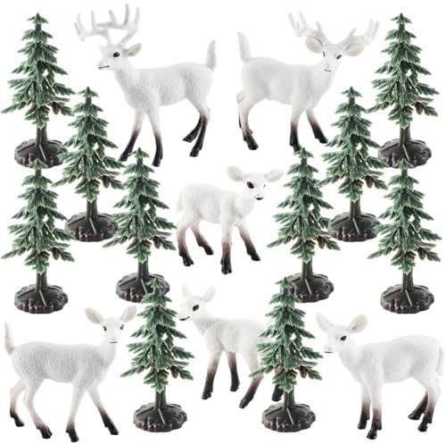 16pcs White-tailed Deer Figures and Christmas Tree Playset Woodland Jungle Animal Figurine for Christmas New Year Birthday Decorations