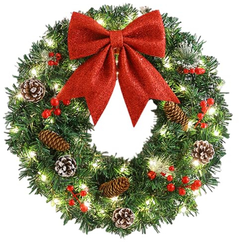 Christmas Wreath with LED Lights, 16inch Pre-lit Hanging Christmas Wreath with Large Bow, Pinecone & Red Berries for Front Door Holiday Decorations