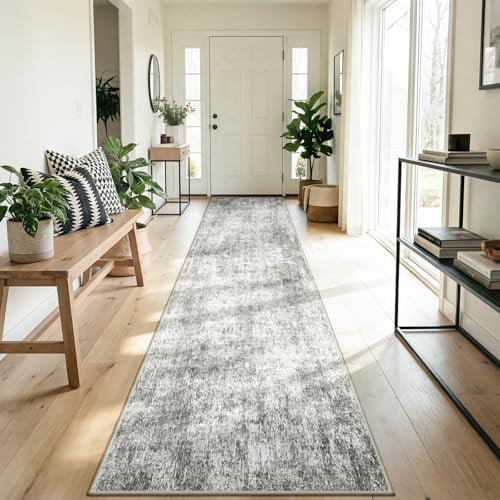 DEFYNEE Teppich Läufer 80 x 150 cm, rutschfest Teppichläufer, Kurzflor Küchenläufer, Waschbar, Faltbar, Abstraktes Design für Eingang, Küche, Wohnzimmer & Büro, Grauweiß