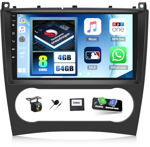 CAMECHO Qualcomm Android 15 Autoradio mit Navi für Mercedes Benz C Klasse W203 W209 C180 C200 2005-2009 mit Carplay Android Auto, 9 Zoll Bildschirm mit Bluetooth5.0 RDS/FM WiFi DSP+Rückfahrkamera