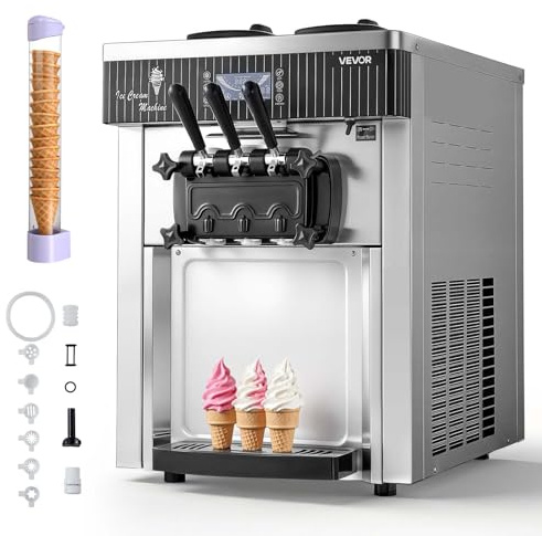 VEVOR Macchina per Gelato Soft Commerciale 2200 W da Banco Pruduzione 20-28 L/h, Macchina per Gelato Morbido Pre-Raffreddamento Autopulente Display LED Unità da Tavolo per Bar Ristorante Albergo Hotel