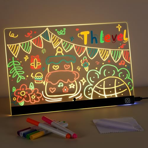 Thlevel Tablette Lumineuse Dessin Tableau lumineux Message LED Acrylique Effaçable 30x20cm avec Interrupteur on/off et 7 couleurs Cadeau Créatif