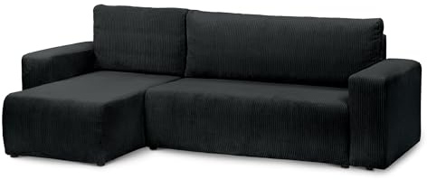 pillovely Cord Ecksofa mit Schlaffunktion, 244x142x83 cm, Schwarz, 3-Sitzer, Bettkasten, 90 kg