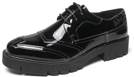 DXSYGMBN Zapatos Derby de Cuero de Patente para Hombre con Suela Gruesa Zapatos de Vestir Brillantes Oxford Cordones Negocios Boda,Negro,44 EU