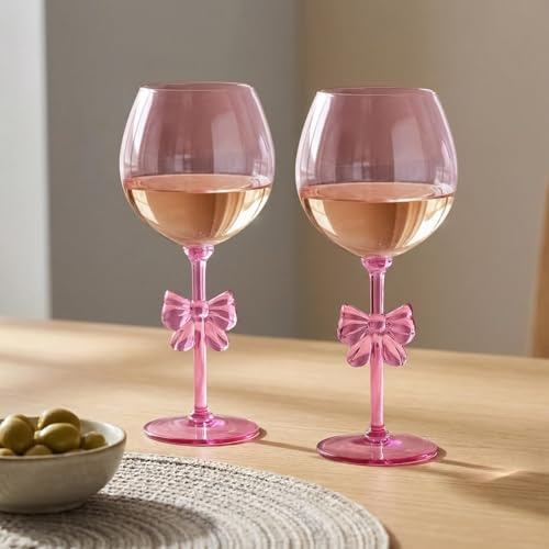 OHS Angular Bow Plastic Wine Glasses Reusable 2 Piece, Reusable Unbreakable Wine Glasses Drinking Cup Tumbler for Outdoor Indoor Parties Picnics Poolside BBQs Champagne Glass BPA Free, Pink