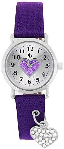 Crystal Blue Mädchen Armbanduhr Prinzessin analog Quarz Textilarmband Herz Anhänger funkelt (violett) 21934