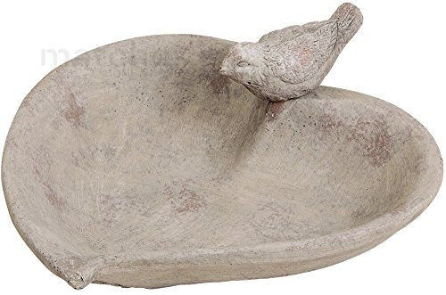 matches21 Vogelfutter Schale/Vogeltränke Blatt mit Vogel aus Beton grau Betonschale für Draußen 16x10x26 cm