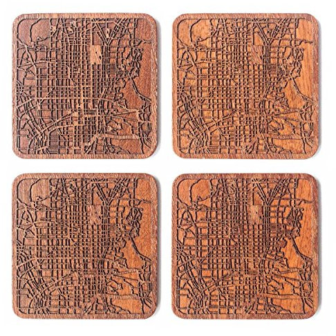 Kyoto Map Coaster by O3 Design Studio, Set of 4, Sapele Wooden Coaster with City map, Multiple City Optional, Handmade