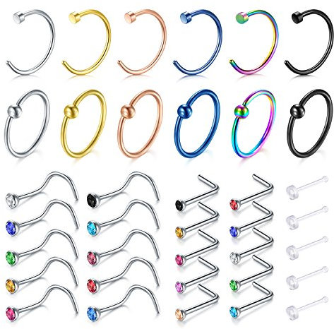 Zolure Nose Hoop Rings - 20G Nose Rings L shaped Nose Studs Nose Screws Septum Cartilage Ring Tragus Hoop Stainless Steel Piercing Jewelry 37pcs