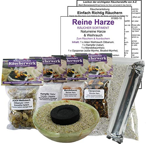 4 x Reine HARZE (200ml) 9-TLG RÄUCHERSORTIMENT (5 x ZUBEHÖR). Aden WEIHRAUCH + MANDELBAUMHARZ + NATURKAMPFER + OPOPONAX (süße Myrrhe) zum Räuchern & Ausräuchern. 81900-10G
