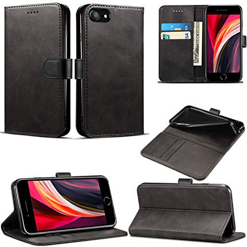 Case for iPhone SE 2022 / iPhone SE 2020, Slim PU Leather Flip Protective Magnetic Wallet Cover With Card Holder and Stand Function Compatible With Apple iPhone SE 2022 / SE 2020 (4.7) (Black)