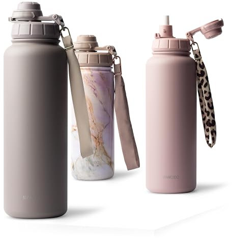 MAMEIDO Gourde Isotherme avec paille 700 ml, Bouteille Isotherme inox sans BPA, Gourde étanche & Poignée de Transport, Water Bottle (Taupe Grey)