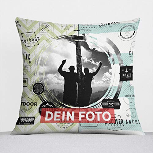 Sunnywall® Kissen selbst gestalten mit eigenem Foto Fotokissen individuell personalisiert Foto Layout (40 x 40 Camping Abenteuer Hobby, weiß flauschig samtweich)
