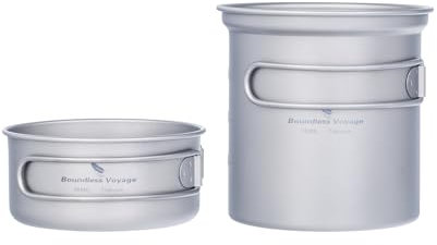 iBasingo Juego de ollas de Titanio para Camping, Ligero, para Exteriores, Juego de medición de Cocina Juego de medición con Mango Plegable Utensilios de Cocina para Uso al Aire Libre para 1 Personas