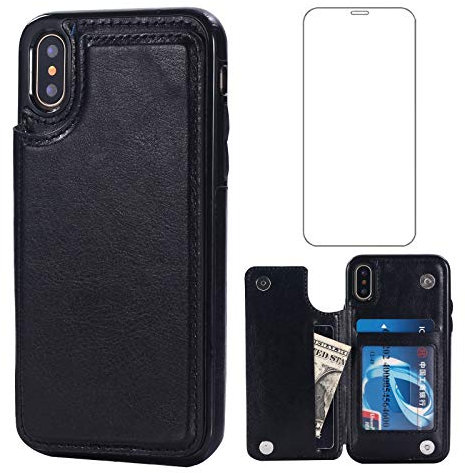 Asuwish Compatible with iPhone Xs X 10 10s Wallet Case Tempered Glass Screen Protector Card Holder Stand Cell Accessories Cover Phone Cases for iPhoneX iPhoneXs iPhone10 i PhoneX SX 10x 10xs X’s Black