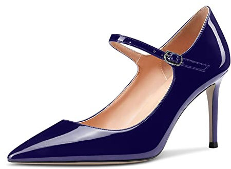 Saekcted Tacón Alto para Mujer Zapatos Mary Jane Noche Punta Puntiaguada Tacón 8 CM High Heels Pumps Azul Charol 38 EU