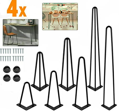 Set of 4 Hairpin Table Legs Furniture Set Hair Pin Legs Mid Century Modern Style for Desk Bench Steel Chair DIY Project with FREE Feet Protector & Screws (12inch/30cm, 2Rods)
