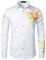 PARKLEES Men's Hipster Rose Floral Print Design Slim Fit Long Sleeve Button Up Party Dress Shirt White Gold XL