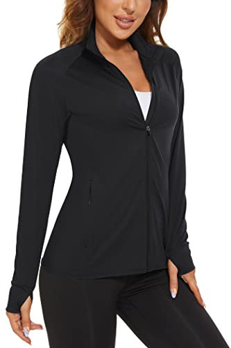 KEFITEVD Sommer Laufjacke Damen Sport Jacket Leicht Gym Trainingsjacke mit Reißverschluss Stehkragen Sweatjacke Schnell Trocknend Freizeithemd Daumenloch Oberteil Schwarz XL