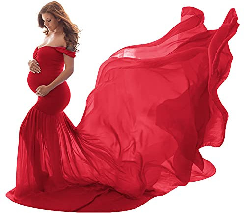 Robe Grossesse Shooting Photo Femme Sexy Elégante Maternité Epaule Dénudé Chiffon Longue Enceinte Costume Photographie Habillée Soirée Vetements Plage Mariage Soireé Cérémonie Rouge Taille Unique