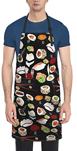 Japanische Sushi Schwarze Schürze Küchenschürze Wasserdichte Schürze mit 2 Taschen Schürze Unisex Alle Jahreszeiten können verwendet werden., Schwarz, Einheitsgröße