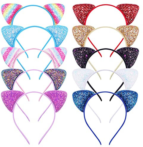 YSTrillion Ears Headband Katzenohren Stirnband,10 Stücke Haarreifen mit Katzenohren,Pailletten Katze Stirnband,Stirnband Haarband Für Frauen Mädchen Tägliche Leben Party