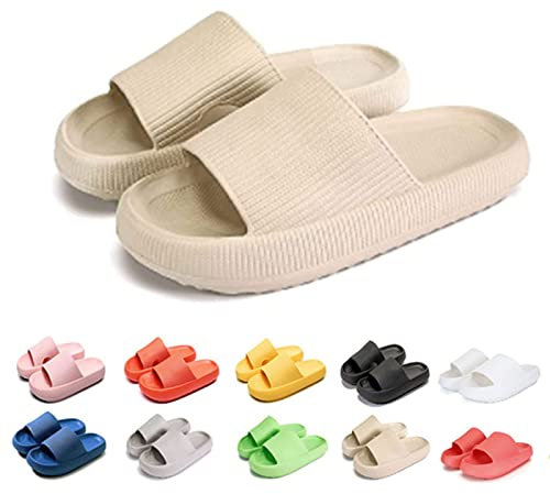 Pummy Hausschuhe, Cozy Slides Original Cloud Slippers Schlappen Damen Badelatschen Herren (Khaki, Erwachsene, 36, Numerisch (von/bis), EU Schuhgrößensystem, 37, Breit)