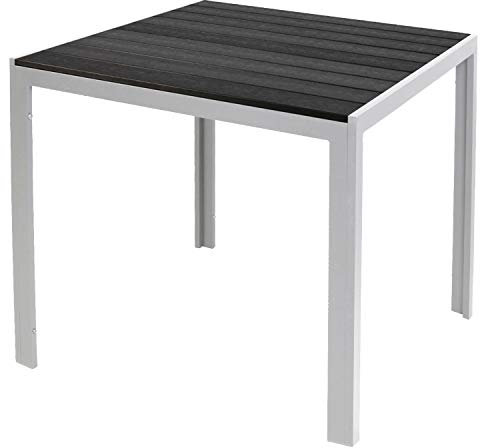 INDA-Exclusiv Aluminium Gartentisch Silber/Schwarz Esstisch Gartenmöbel Tisch Holzimitat wetterfest, Maße Tische:90cm x 90cm