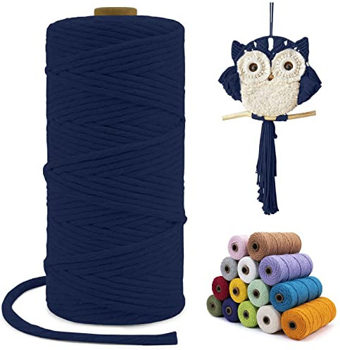LEREATI Corde Macramé 3mm x 100m, Fil Macramé Simple Torsion Coton Naturelle Ficelle Corde, Cordon Coton pour Rideau Macrame, Porte Plante Mural, Bricolage, Boho Decoration (Bleu Foncé)