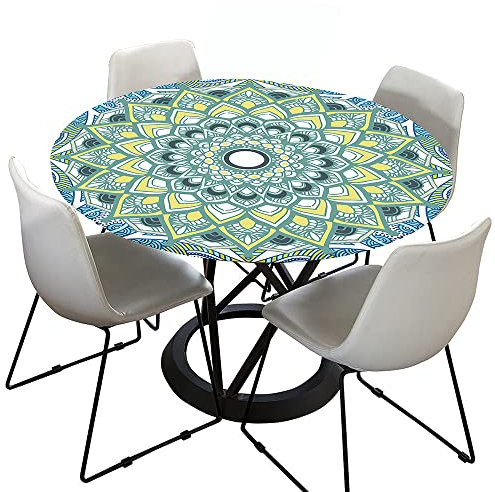 Morbuy Rund Tischdecke Elastisch, Lotuseffekt Tischdecke Abwaschbar Tischdecken Mandala Drucken Gartentischdecke Indoor Outdoor Tischtuch (Durchmesser 90cm,hellblau)