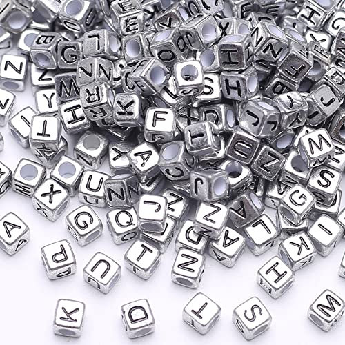 HERZWILD buchstabenperlen zum auffädeln ca.1000pcs 6x6mm buchstaben perlen viereckig bastelnperlen Buchstaben A-Z perlen für Schmuck Basteln (black-silver)