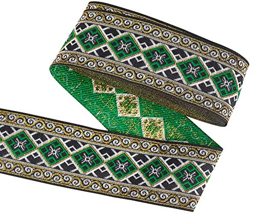 FINGERINSPIRE 7 m Jacquard Band 50 mm Breit Vintage Blumenstickerei Mit Rautenmuster Grünes Polyester Webband Nähband Für Heimwerker Geschenkverpackung Kostümzubehör