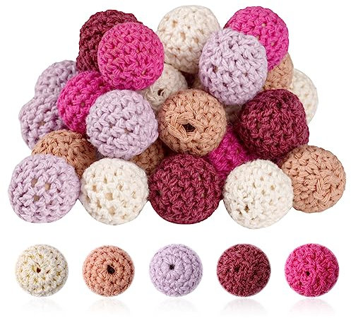 30 Stück Häkelperlen, 16mm Gehäkelt Holzperlen zum Auffädeln, Holzkugeln mit Loch Ketten Selber Machen Set, Armbänder Selber Machen Erwachsene, Wooden Beads für DIY Schmuck Herstellung