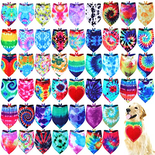 Silkfly 50 Pcs Summer Tie Dye Dog Bandanas Bulk Pet Scarf Grooming Salon Triangle Washable Dog Bib Kerchief for Large Pet Birthday Party(Large)