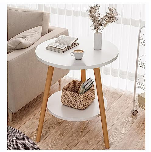 Taotigzu Table d'Appoint Ronde 2 Niveaux Petite Table Basse Décorative en Bois,Table de Chevet Style Moderne Table de Nuit Idéal pour Salon, Balcon, Chambre,55(H)*38(D) CM(Blanc)