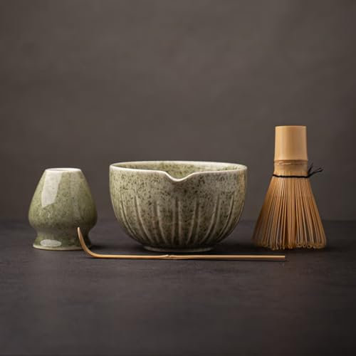 TANG PIN Juego de matcha – Cuenco con boquilla y batidor, 15 onzas, cuchara de matcha | Soporte para batidor de matcha (soporte Chasen) – Kit perfecto de 4 piezas para ceremonia de té matcha (verde