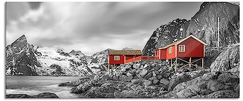 Pixxprint Glasbild Panorama, Wandbild aus Echtglas, Einsames rotes Haus am Meer in Norwegen B&W Detail, 100x40 cm, inkl. Aufhängung und Abstandshalter
