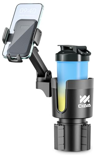 CYEVA Cup Holder Phone Mount, 2 in 1 Cup Holder Expander for Car Long Arm with 360°Rotation Cup Holder Cell Phone Holder for Car Compatible with All Smartphones, Black
