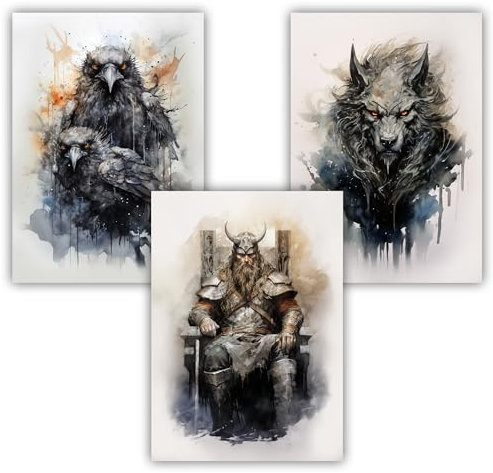 Samunshi® 3x Kunstdruck Poster Wikinger Set Odin Raben Wolf für Jugendzimmer Man Cave Vikings Norse Art Hugin und Munin Fenrir DIN A4 21x29,7cm