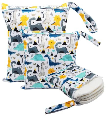 FYting 3 Stück Wetbag,Wetbag Kindergarten,Nasstasche,Windeltasche für Unterwegs,Wiederverwendbarer, Wasserdicht, mit Reißverschluss, zum Schwimmen, Camping, Reisen, Fitness, Strand (Dinosaurier)