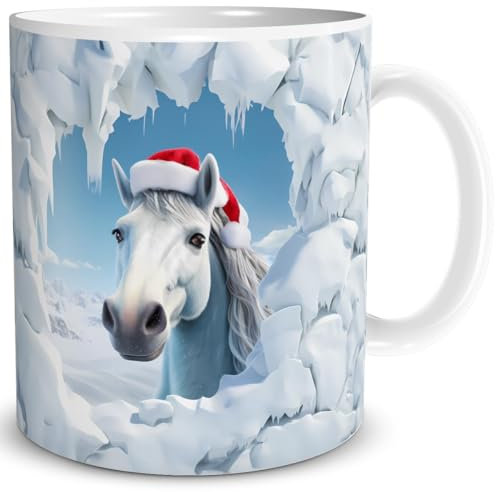 TRIOSK 3d Illusion Tasse Weihnachten mit Pferde Weihnachtsmotiv Pferd bricht durch Becher Pferdemotiv Geschenk lustig für Pferdeliebhaber Weiß, Keramik, 330ml