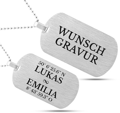 Mister Boncuk® MiliChain Premium Dog Tag kette aus Edelstahl - Herren Halskette mit Gravur - Militär kette Personalisiert - Kette mit Namen - ID kette mit gravur (Waagerecht - Silber Matt Gebürstet)