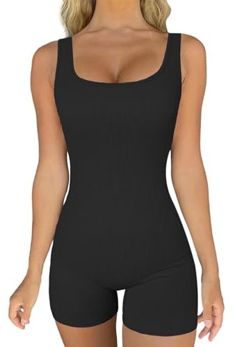 Xunerloy Jumpsuit Damen Kurz Eng Ärmellos Sport Yoga Einteiler Bodysuit Overall Bodycon Romper Sommer Gerippte Sportanzug Ganzkörperanzug Trainingsanzug Shorts Outfits Schwarz S