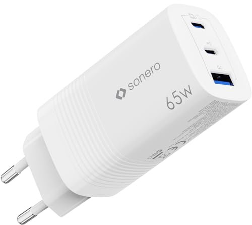 sonero USB C Ladegerät, 3 Port Adapter, Netzteil 65 Watt Schnellladegerät kompatibel mit Apple iPhone 15, Samsung, Tablet, Laptop uvm, Mehrfach GaN QC PD Charger, Weiß