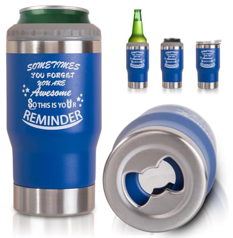 ZMHQLPDZ 14 oz Beer Can Cooler Bottles with Beer Opener, 4 in 1 Insulated Travel Coffee Mug,Inspirational Gifts Appreciation Gifts for Men Coworkers Bro Friends Teacher (Dark Blue)