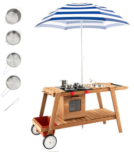 HOMASIS Kinderküche Outdoor mit Sonnenschirm & Rollen, Spielküche inkl. Küchenzubehör, Essenswagen aus Holz, Matschküche Küchenset Gartenküche für Kinder ab 3 Jahren (Blau)