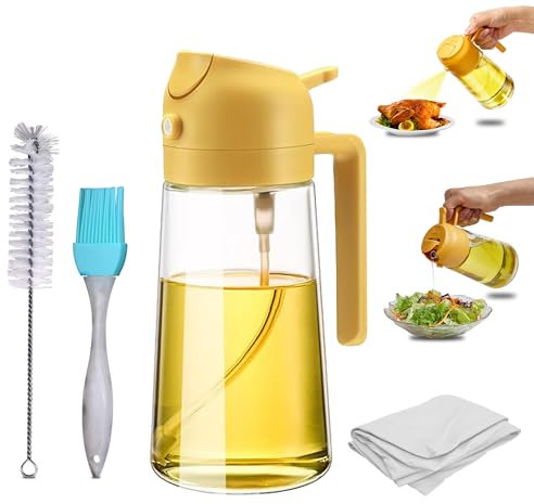 Orangefarbener 500 ml 2-in-1 Ölspender und Ölsprüher für Speiseöl Set mit Silikon-Ölbürste, Reinigungsbürste & Reinigungstuch | Ölsprühflasche zum Kochen, Salat, Grillen und Backen in der Küche