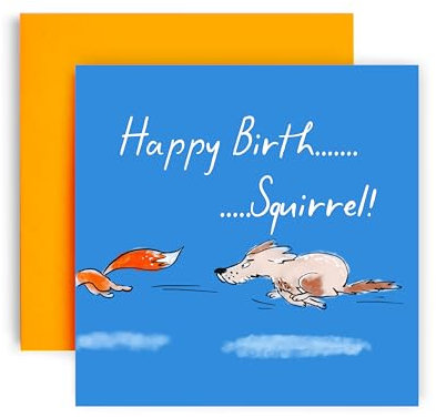 Huxters Lustige Geburtstagskarte für Männer und Frauen – Hund Eichhörnchen – Geburtstagskarte für Freundin, weibliche Mutter, Hund, Papa – 14,8 cm (blauer Geburtstag)